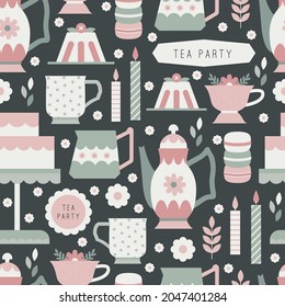 Victorian Tea Party Seamless Pattern Design. Illustrated Repeat Background.