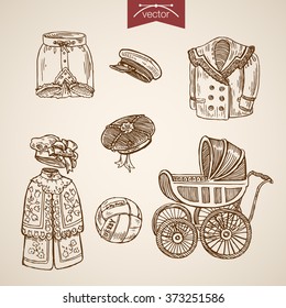 Victorian traditional fashion children kid clothes accessory pram drawers icon set. Engraving style pen pencil crosshatch hatching paper painting retro vintage vector lineart illustration.