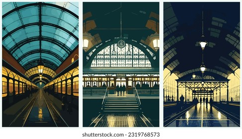 Victorian Train Station Stepping Into The Golden Age Of Travel set collection of abstract vector illustration
