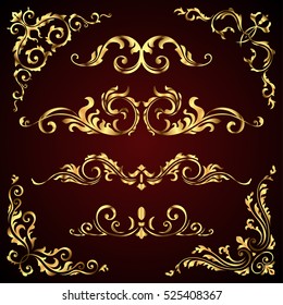 Victorian vector set of golden ornate page decor elements like banners, frames, dividers, ornaments and patterns on dark background. Gold calligraphic swirl elements
