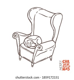 Victorian vintage chair with sleeping beagle dog on it. Vector doodle sketch hand drawn illustration