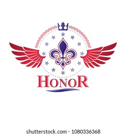 Victorian winged emblem composed using lily flower, monarch crown and pentagonal stars. Royal quality award vector design element, business label.