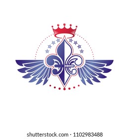 Victorian winged emblem composed using lily flower, monarch crown and pentagonal stars. Royal quality award vector design element, business label.