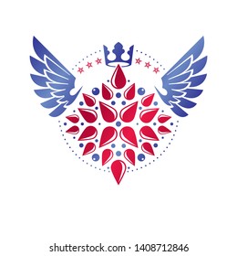 Victorian winged emblem composed using lily flower, monarch crown and pentagonal stars. Royal quality award vector design element, business label.