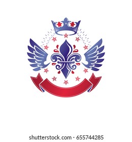 Victorian winged emblem composed using lily flower, monarch crown and pentagonal stars. Royal quality award vector design element, business label.