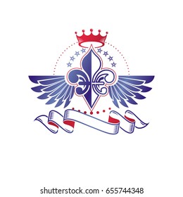Victorian winged emblem composed using lily flower, monarch crown and pentagonal stars. Royal quality award vector design element, business label.