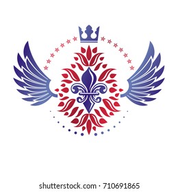 Victorian winged emblem composed using lily flower, monarch crown and pentagonal stars. Royal quality award vector design element, business label.