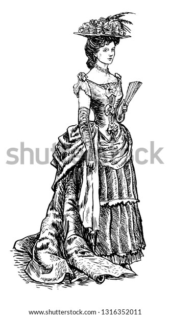 歴史的なドレスを着たビクトリア朝の女性 古風な服を着た レトロなスタイルの女性 古いファッションのベクターイラスト 手描きのビンテージ彫刻スタイル のベクター画像素材 ロイヤリティフリー