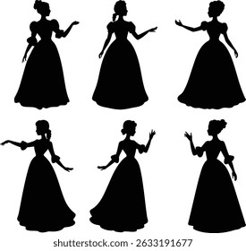 Coleção de silhuetas de mulher vitoriana, silhuetas de senhora em vestidos vintage, silhuetas de mulheres de moda histórica