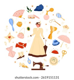 Victorian woman surrounded by lifestyle accessories on a white background, showcasing historical fashion and items in a charming isolated vector illustration