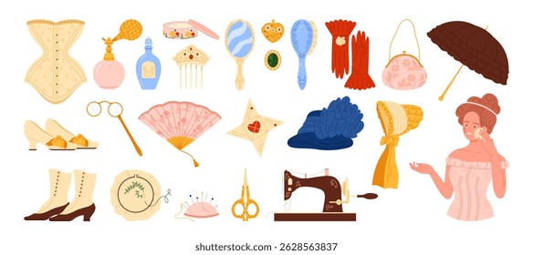 Victorian women fashion style of 19th century set. Victorian lady portrait, accessory and costume, French perfume and embroidery, bag and lace, antique sewing machine cartoon vector illustration