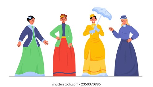 Victorian women set. Young girls in different ancient clothes, dress with umbrella. Histoiry and culture. Fashion and trend. Cartoon flat vector collection isolated on white background