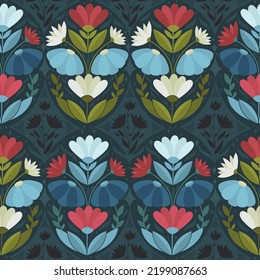 The Victorian-Era Florals seamless vector pattern design. botanical dark wallpaper with tulips. many detailes. original vintage decorative design with retro flowers