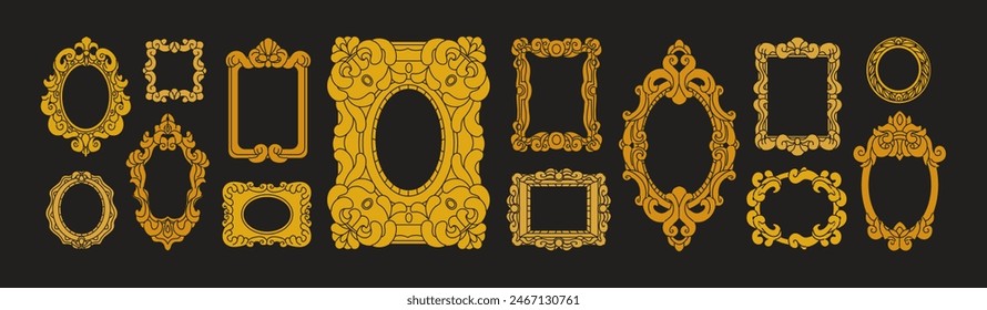 Conjunto de marcos de estilo victoriano. Bordes antiguos de cuadros y espejos vintage, baguettes decorativos. Diseño tallado en oro para el arte interior, pintura. Galería antigua y decoración museística. Ilustraciones vectoriales planas
