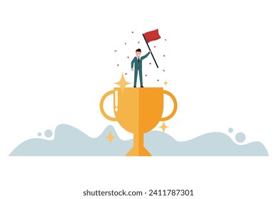 Victorious businessman holding flag on the trophy. Career success concept. Victory or success in business. Victory or winning a prize. leadership success. Vector illustration flat design style