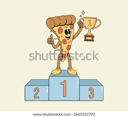 Victorious cartoon pizza slice character standing on a winner's podium with a trophy, giving a thumbs up