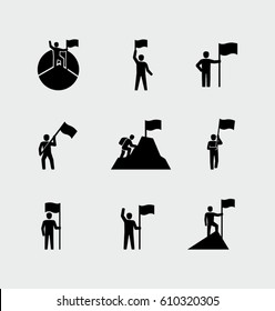 Victorious person standing on a mountain top holding a flag vector icons