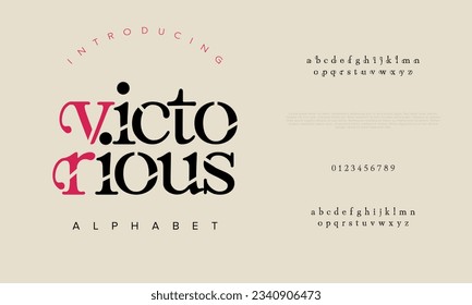 Victorious premium luxury elegant alphabet letters and numbers. Elegant wedding typography classic serif font decorative vintage retro. Creative vector illustration