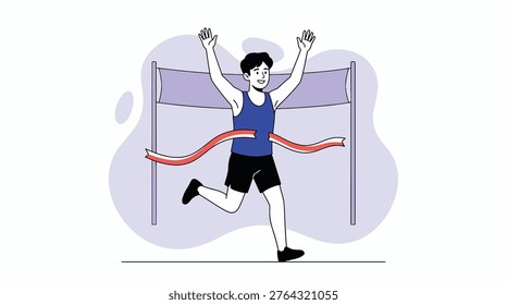 Victorious Runner Crossing the Finish Line with Arms Raised in Triumph, Celebrating Personal Achievement