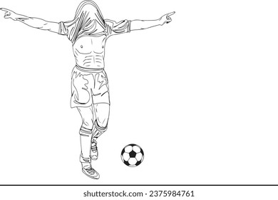 Victorious Soccer Striker - One-Line Sketch Cartoon Illustration , Goal Celebration - Cartoon Illustration of Soccer Player Rejoicing for Victory