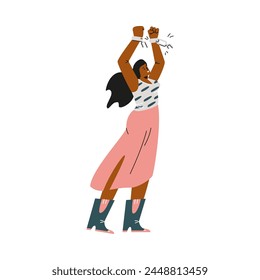 Victorious woman breaking chains, a vector illustration of strength and resilience, rendered in a modern, minimalist style with dynamic, uplifting energy.