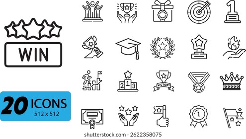 Conjunto de Ícones de Vitória, Conquista e Sucesso: 20 Ilustrações de Vetor de Contorno Representando Vitória e Prêmio