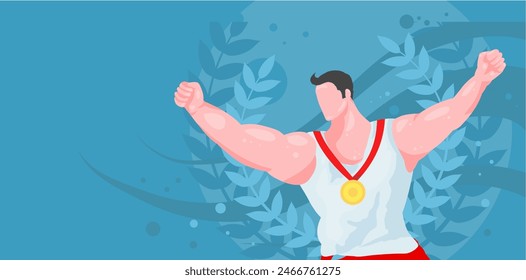 Victoria, atleta con una medalla de oro en el fondo de una corona de laurel. Ilustración vectorial, fondo con espacio en blanco	