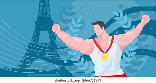 	
Victoria, atleta con una medalla de oro en el fondo de una corona de laurel. Ilustración vectorial, fondo con espacio en blanco