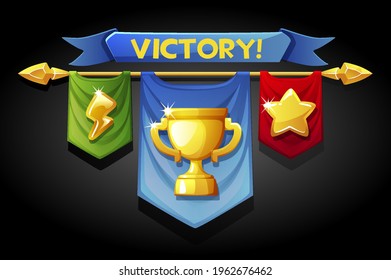 Victory banners, flags with golden cup icons for game assets.