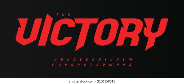 Victory bold font, red Italic speed alphabet with bevel inside letters. Dynamic headline and superhero logo. Type for sport, race, gym, car, automotive, shirts, game, cinema. Vector typography - Shutterstock ID 2106359513