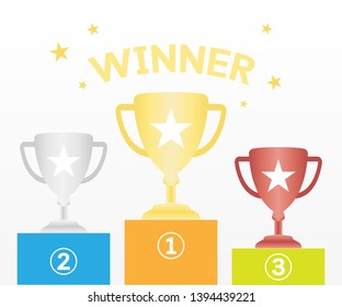 Victory bowl with gold, bronze, silver. Gold, silver and bronze cup on podium. Champion of competition cup set isolate on white background. Vector illustration.