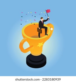 Victory or business achievement - Businessman holding a flag standing with trophy isometric 3d vector illustration concept banner, website, landing page, ads, flyer template