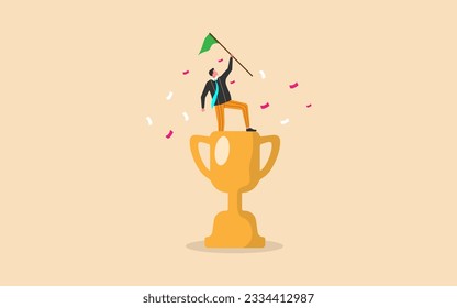 Victory or business achievement, cheerful businessman winner raising flag on winning trophy, flat vector illustration.