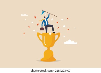 Victory or business achievement, triumph or award winning, accomplishment for leadership success, determination for career success concept, cheerful businessman winner raising flag on winning trophy. - Shutterstock ID 2189223407