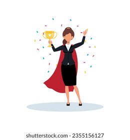 Victory or business achievement, triumph or award winning, accomplishment for leadership success, determination for career success concept, cheerful businessman winner raising flag on winning trophy.