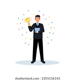 Victory or business achievement, triumph or award winning, accomplishment for leadership success, determination for career success concept, cheerful businessman winner raising flag on winning trophy.