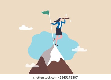 Victory or business achievement, triumph winner or champion searching for next mission goal or target, vision or new challenge concept, success businesswoman on mountain peak look for new challenge.