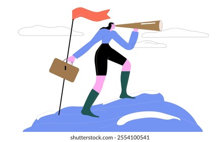 Victory or business achievement, triumph winner or champion searching for next mission goal or target, vision or new challenge concept, success businesswoman on mountain peak look for new challenge.