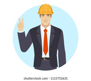 Victory! Businessman in construction helmet  showing victory sign. Two fingers up.  Portrait of businessman in a flat style. Vector illustration.