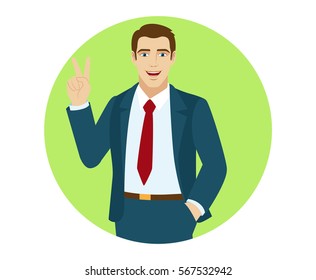 Victory! Businessman showing victory sign. Portrait of businessman in a flat style. Vector illustration.