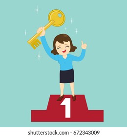 Victory businesswoman showing success key, vector illustration cartoon