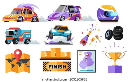 Victory in car race, rally or chase on vehicles. Automobile competition with award and trophy for winner. Sports and extreme hobbies, map with route and finish flag with tyres. Vector in flat style