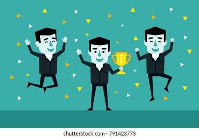 Victory celebration, achievement. Business team, teamwork. Successful businessman holds golden cup. Flat style vector illustration