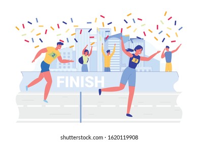 Victory Celebration In City Marathon Illustration. Girl Overtakes Her Opponent And Comes First To Finish Line. Victory Marked By Confetti Burst And Cheers Crowd. In Background City Architecture.