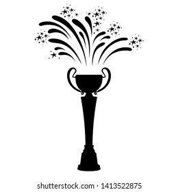 Victory celebration icon. Trophy cup award and fireworks. Vector Illustration