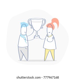 Victory, championship, business goal achievement vector concept, happy successful businessman and business woman holding cup or award in hands, leadership, winning first place prize in competition