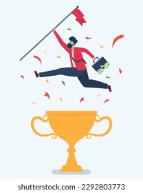 Victory, Cheerful businessman winner raising red flag on trophy. Business achievement on trophy. Businessman is triumph or award winning and accomplishment for leadership success. Leader success.