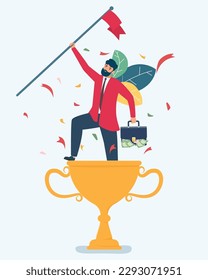 Victory, Cheerful businessman winner raising red flag on trophy. Business achievement on trophy. Businessman is triumph or award winning and accomplishment for leadership success. Leader success.