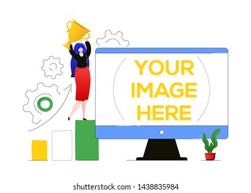 Victory concept - colorful flat design style illustration on white background. High quality composition with a girl standing on diagram sector, holding an award. A computer with place for your image