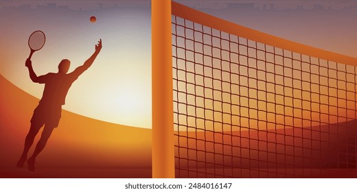 Victory concept with game action in a tennis match, with a player rushing to hit the ball during a winning serve.